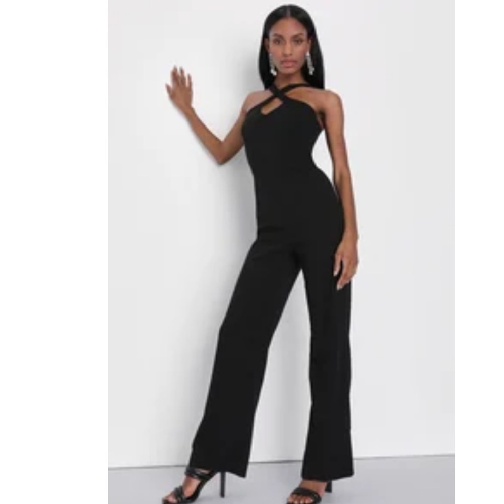 NWT Lulu’s Radiant Babe Black Cross-Front Halter Jumpsuit Size XL